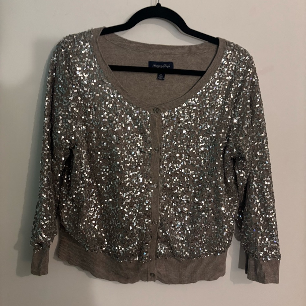 American Eagle Outfitters‎ Womens L Sequin Button Down Scoop 3/4 Sleeve Cardigan